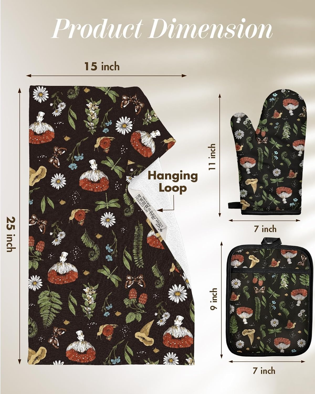 image:imageMiss Adola 270 GSM Cotton Kitchen Towels Oven Mitt and Pot Holder 4 Pack Kitchen Decor and Accessories Set Cute Farmhouse Boho Quilted Lining Heat Resistant Set with Hanging Loop Black MushroomBlack Mushroom