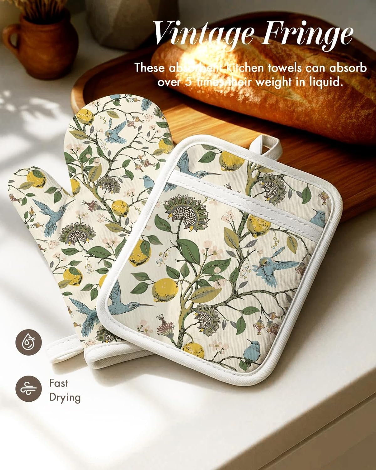 image:imageMiss Adola 270 GSM Cotton Kitchen Towels Oven Mitt and Pot Holder 4 Pack Kitchen Decor and Accessories Set Cute Farmhouse Boho Quilted Lining Heat Resistant Set with Hanging Loop Black MushroomLemon Bird