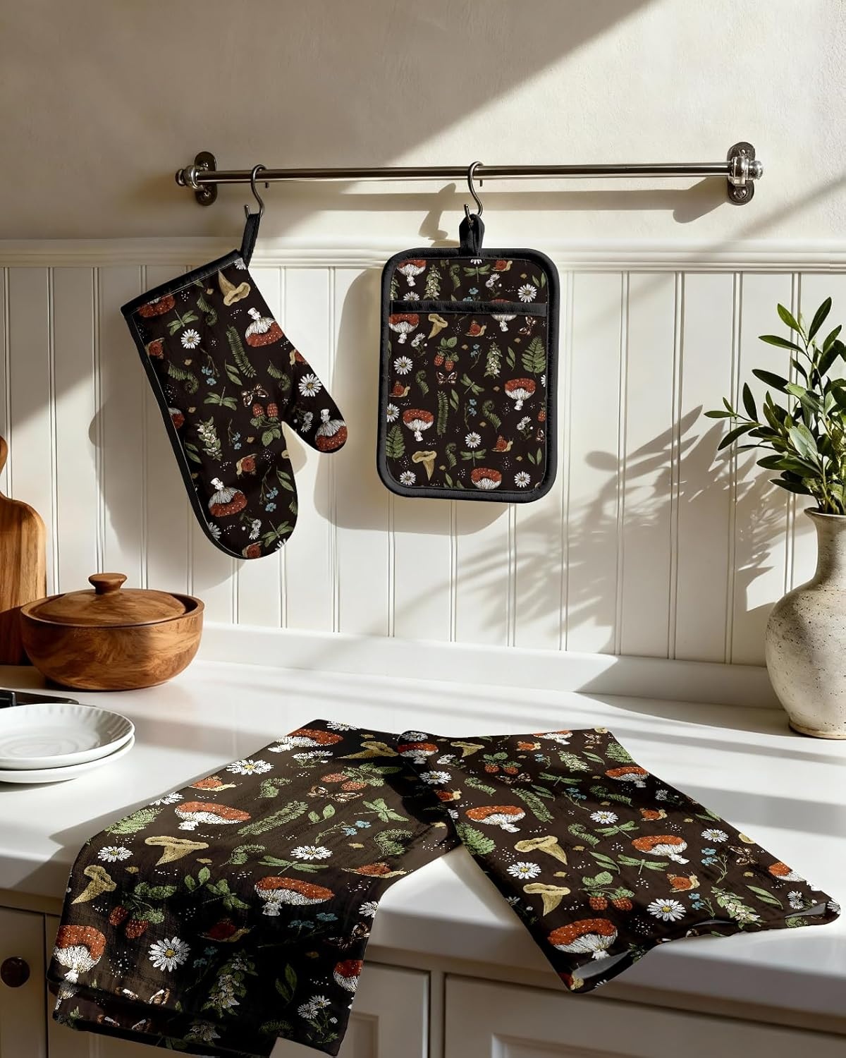 image:imageMiss Adola 270 GSM Cotton Kitchen Towels Oven Mitt and Pot Holder 4 Pack Kitchen Decor and Accessories Set Cute Farmhouse Boho Quilted Lining Heat Resistant Set with Hanging Loop Black MushroomBlack Mushroom