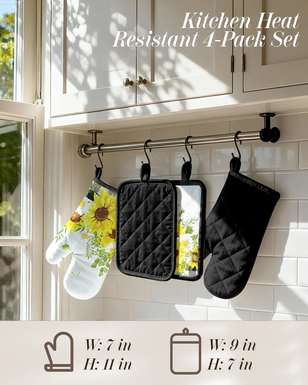 image:imageMiss Adola Cotton Oven Mitts and Pot Holders Sets Quilted Lining Heat Resistant 4 Pieces Set with Hanging Loop Cute Farmhouse Boho Spring Kitchen Decor and Accessories Plaid SunflowerPlaid Sunflower