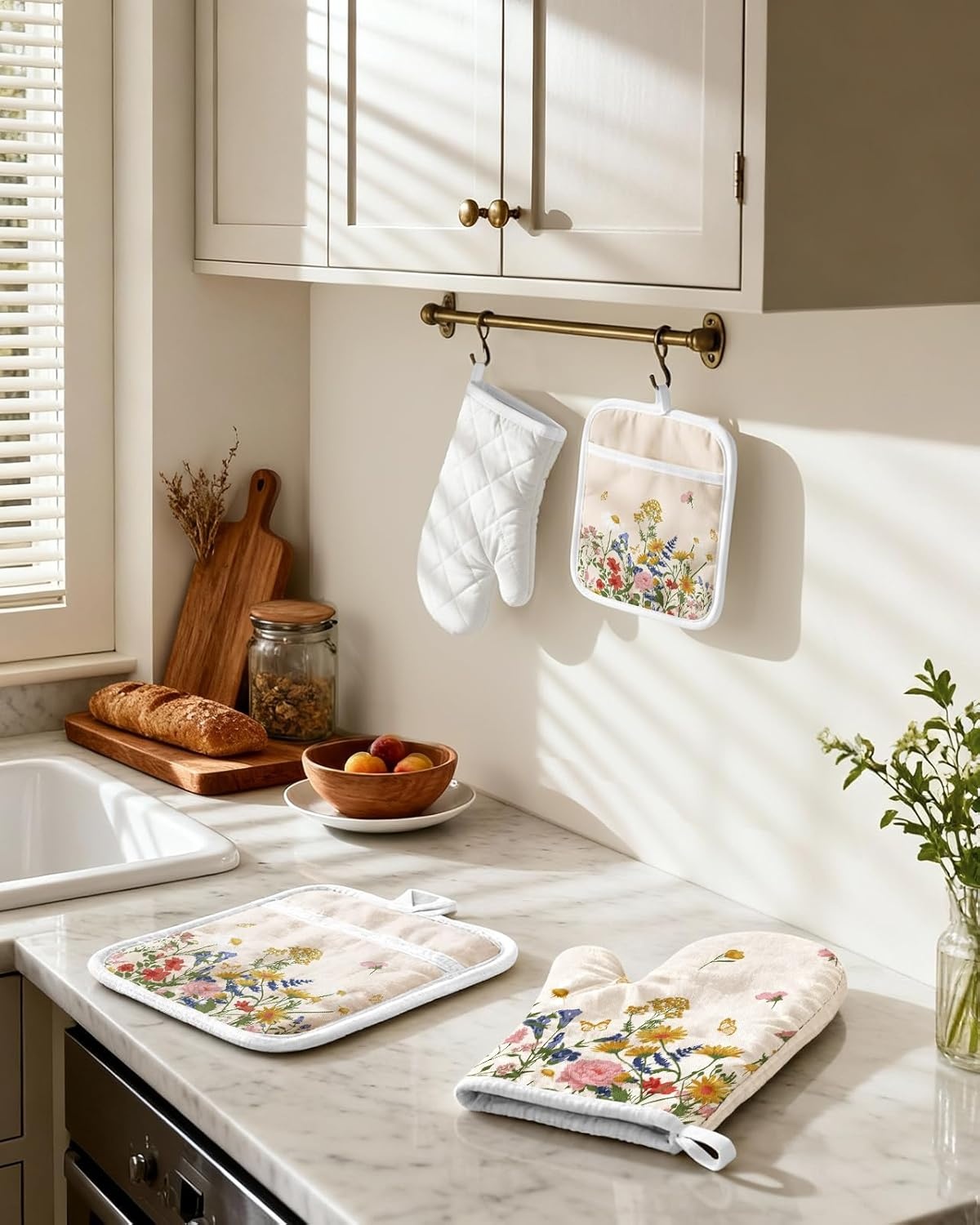 image:imageMiss Adola Cotton Oven Mitts and Pot Holders Sets Quilted Lining Heat Resistant 4 Pieces Set with Hanging Loop Cute Farmhouse Boho Spring Kitchen Decor and Accessories Plaid SunflowerRetro Flower