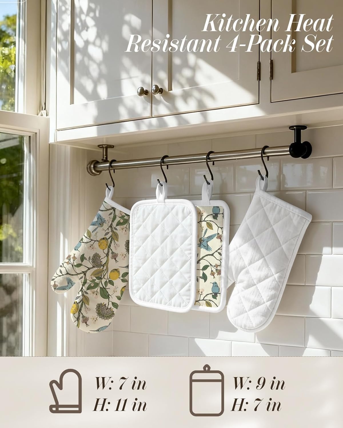 image:imageMiss Adola Cotton Oven Mitts and Pot Holders Sets Quilted Lining Heat Resistant 4 Pieces Set with Hanging Loop Cute Farmhouse Boho Spring Kitchen Decor and Accessories Plaid SunflowerLemon Bird