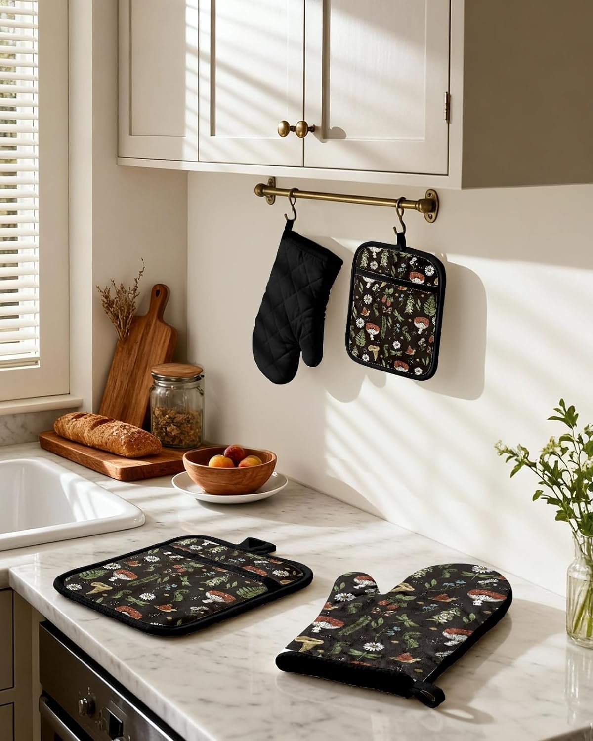 image:imageMiss Adola Cotton Oven Mitts and Pot Holders Sets Quilted Lining Heat Resistant 4 Pieces Set with Hanging Loop Cute Farmhouse Boho Spring Kitchen Decor and Accessories Plaid SunflowerBlack Mushroom