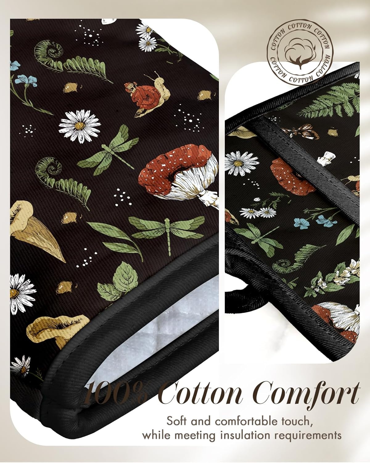 image:imageMiss Adola Cotton Oven Mitts and Pot Holders Sets Quilted Lining Heat Resistant 4 Pieces Set with Hanging Loop Cute Farmhouse Boho Spring Kitchen Decor and Accessories Plaid SunflowerBlack Mushroom