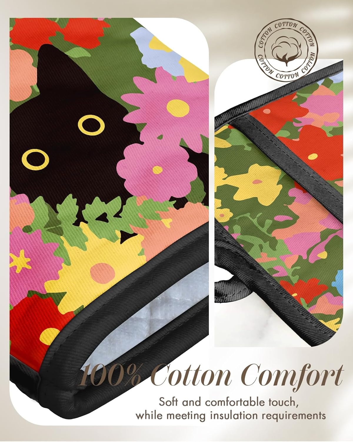 image:imageMiss Adola Cotton Oven Mitts and Pot Holders Sets Quilted Lining Heat Resistant 4 Pieces Set with Hanging Loop Cute Farmhouse Boho Spring Kitchen Decor and Accessories Plaid SunflowerCat Flower