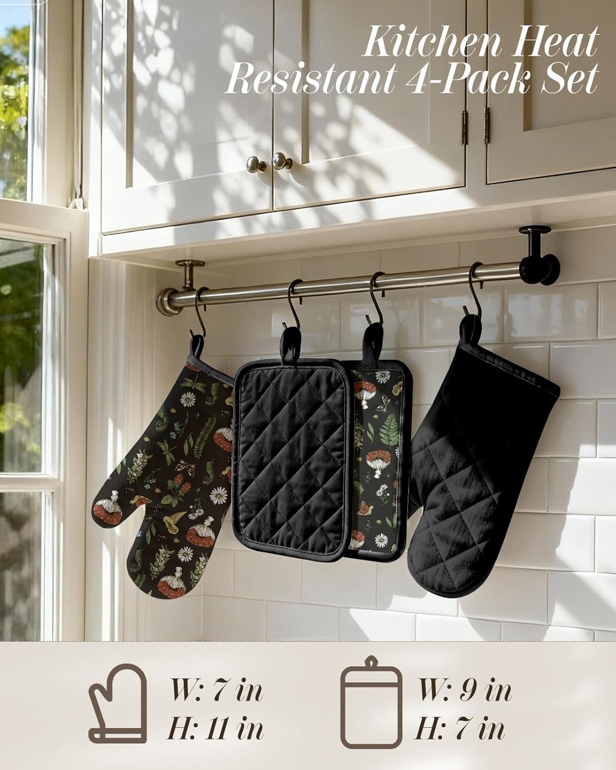 image:imageMiss Adola Cotton Oven Mitts and Pot Holders Sets Quilted Lining Heat Resistant 4 Pieces Set with Hanging Loop Cute Farmhouse Boho Spring Kitchen Decor and Accessories Plaid SunflowerBlack Mushroom