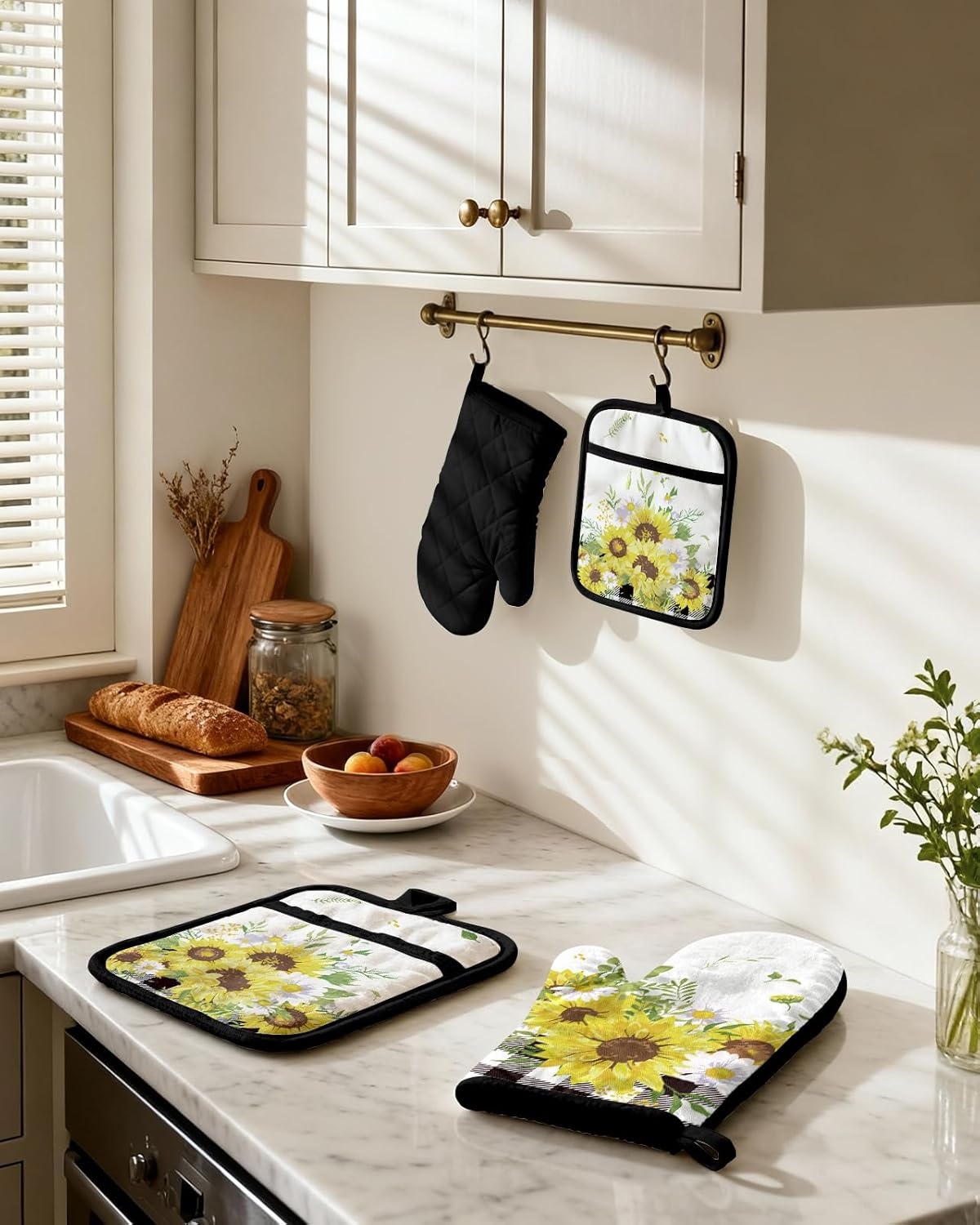 image:imageMiss Adola Cotton Oven Mitts and Pot Holders Sets Quilted Lining Heat Resistant 4 Pieces Set with Hanging Loop Cute Farmhouse Boho Spring Kitchen Decor and Accessories Plaid SunflowerPlaid Sunflower