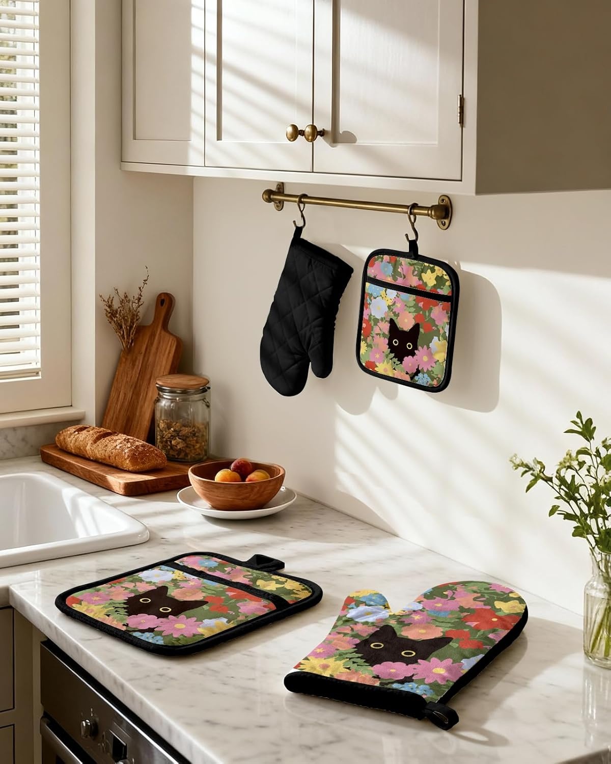image:imageMiss Adola Cotton Oven Mitts and Pot Holders Sets Quilted Lining Heat Resistant 4 Pieces Set with Hanging Loop Cute Farmhouse Boho Spring Kitchen Decor and Accessories Plaid SunflowerCat Flower