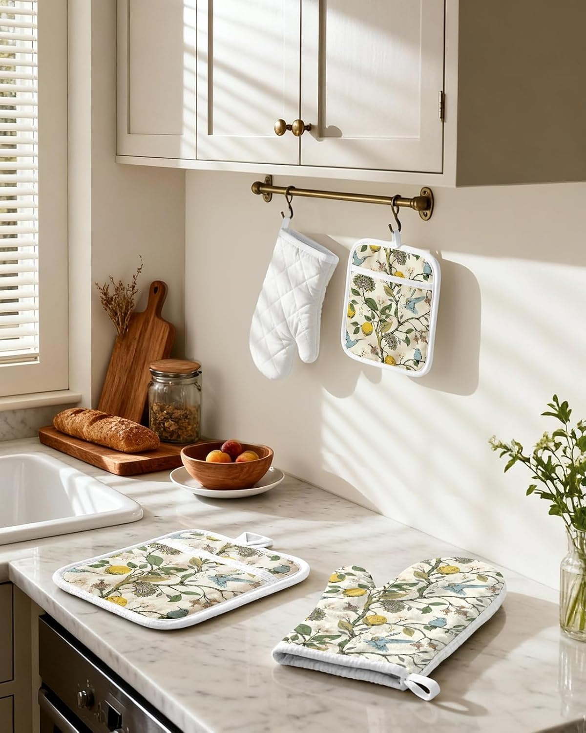 image:imageMiss Adola Cotton Oven Mitts and Pot Holders Sets Quilted Lining Heat Resistant 4 Pieces Set with Hanging Loop Cute Farmhouse Boho Spring Kitchen Decor and Accessories Plaid SunflowerLemon Bird