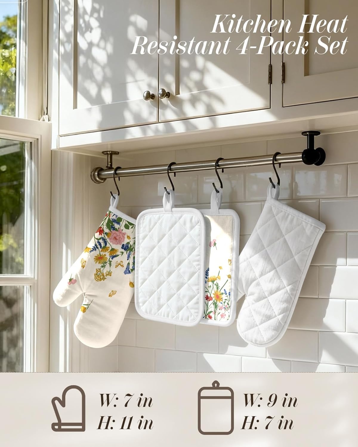 image:imageMiss Adola Cotton Oven Mitts and Pot Holders Sets Quilted Lining Heat Resistant 4 Pieces Set with Hanging Loop Cute Farmhouse Boho Spring Kitchen Decor and Accessories Plaid SunflowerRetro Flower