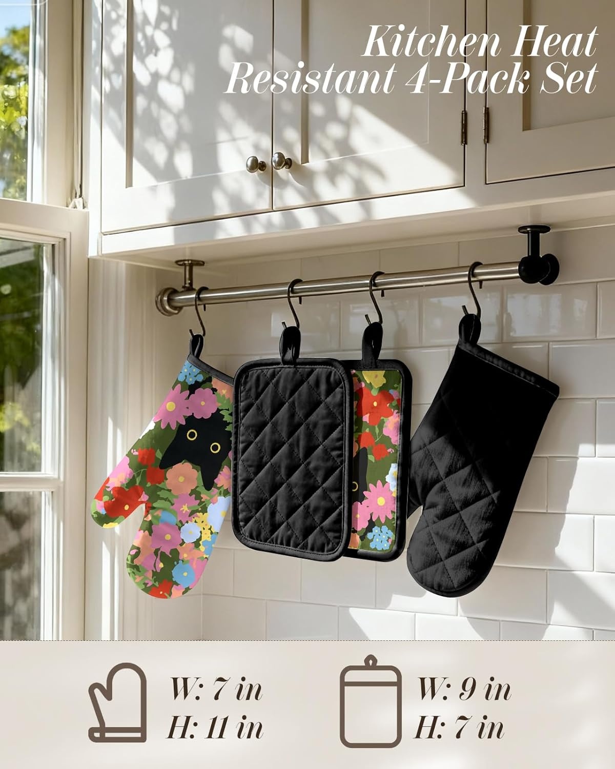 image:imageMiss Adola Cotton Oven Mitts and Pot Holders Sets Quilted Lining Heat Resistant 4 Pieces Set with Hanging Loop Cute Farmhouse Boho Spring Kitchen Decor and Accessories Plaid SunflowerCat Flower