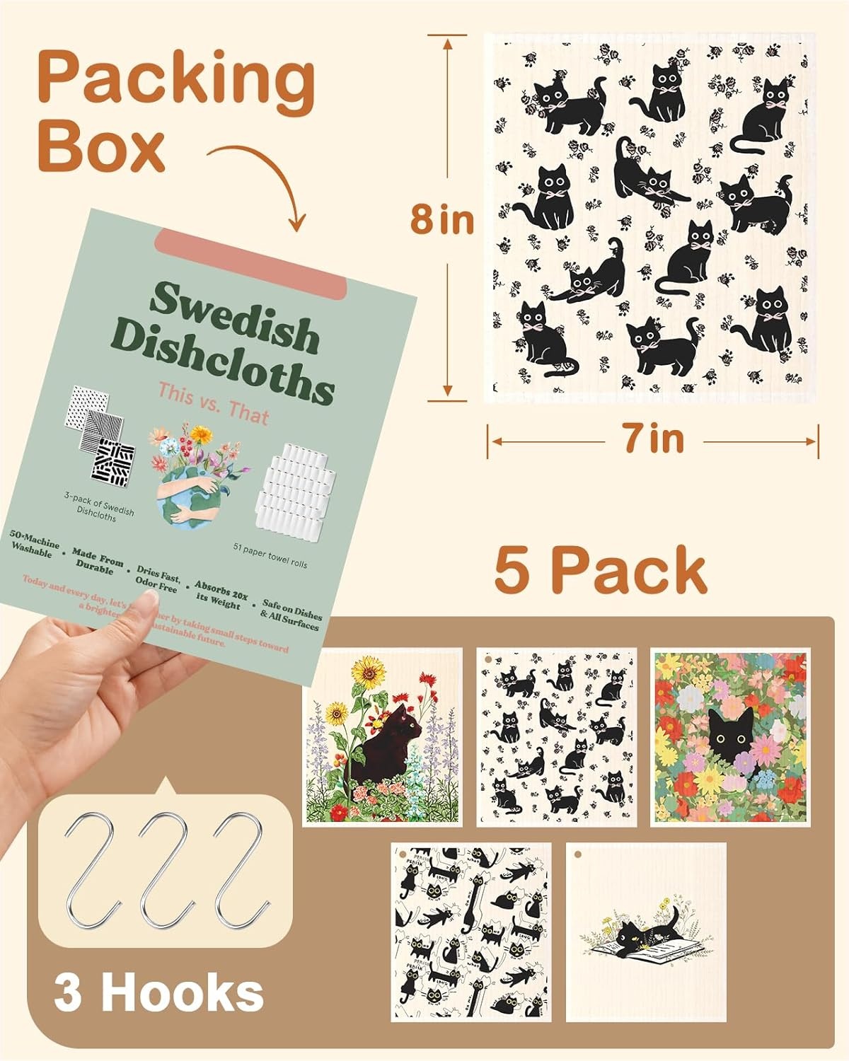 image:imageMiss Adola Swedish Dishcloths for Kitchen with Hooks Reusable Dish Cloths for Washing Dishes Fast Drying Cute Fun 5 Pack Swedish Dish Towels Washable Cleaning Sponge Blue GeometricalBlack Cats