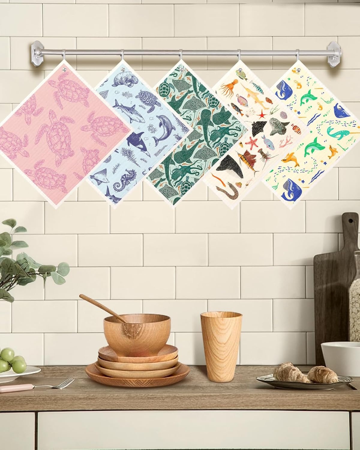 image:imageMiss Adola Swedish Dishcloths for Kitchen with Hooks Reusable Dish Cloths for Washing Dishes Fast Drying Cute Fun 5 Pack Swedish Dish Towels Washable Cleaning Sponge Blue GeometricalDeep Sea Fish