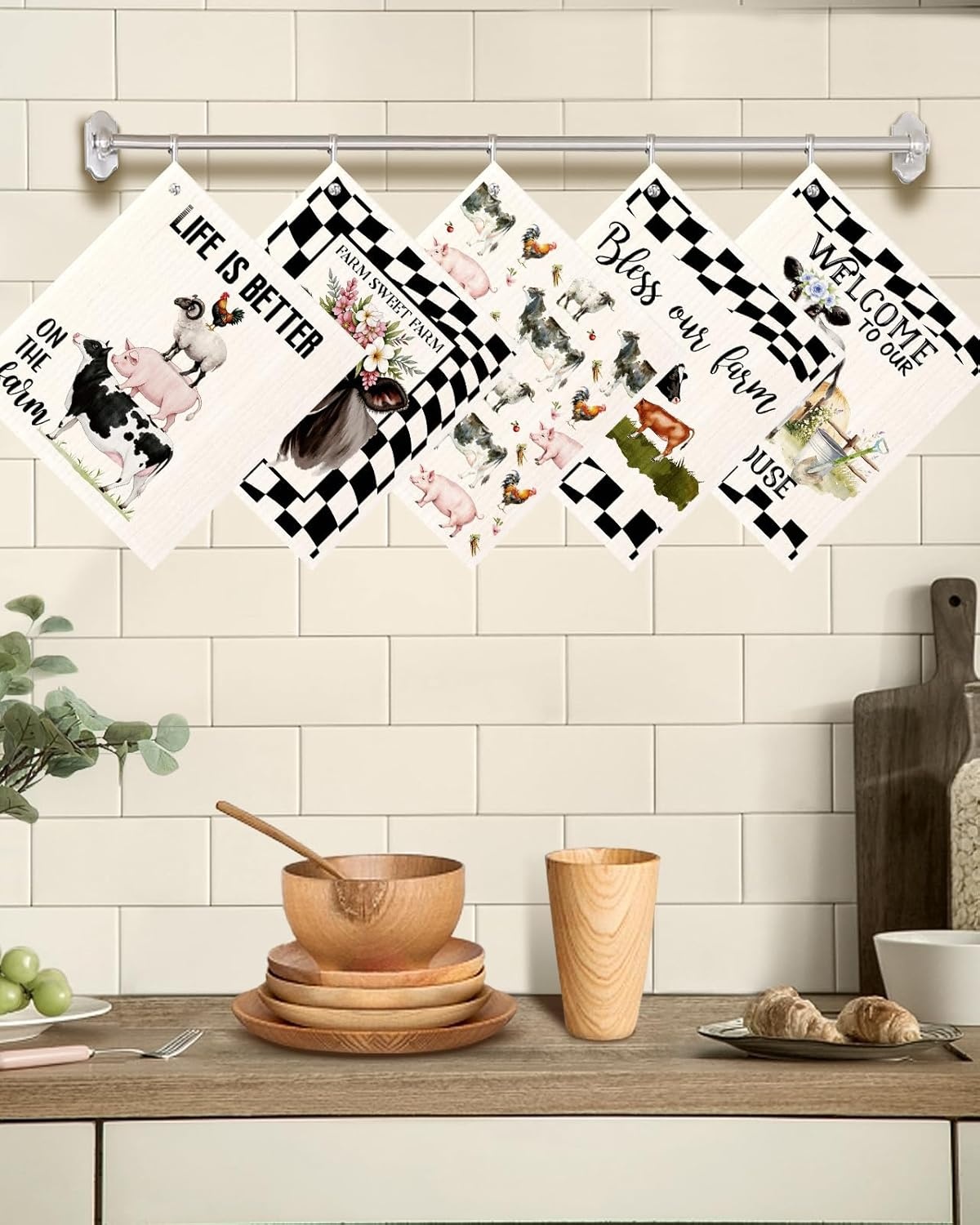 image:imageMiss Adola Swedish Dishcloths for Kitchen with Hooks Reusable Dish Cloths for Washing Dishes Fast Drying Cute Fun 5 Pack Swedish Dish Towels Washable Cleaning Sponge Blue GeometricalBlack White Farm