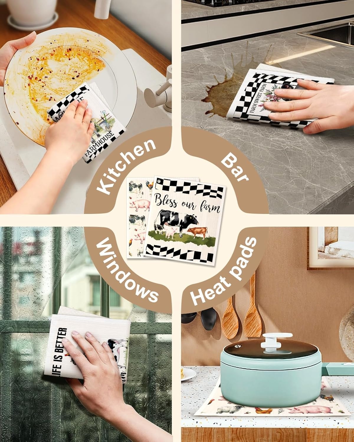 image:imageMiss Adola Swedish Dishcloths for Kitchen with Hooks Reusable Dish Cloths for Washing Dishes Fast Drying Cute Fun 5 Pack Swedish Dish Towels Washable Cleaning Sponge Blue GeometricalBlack White Farm