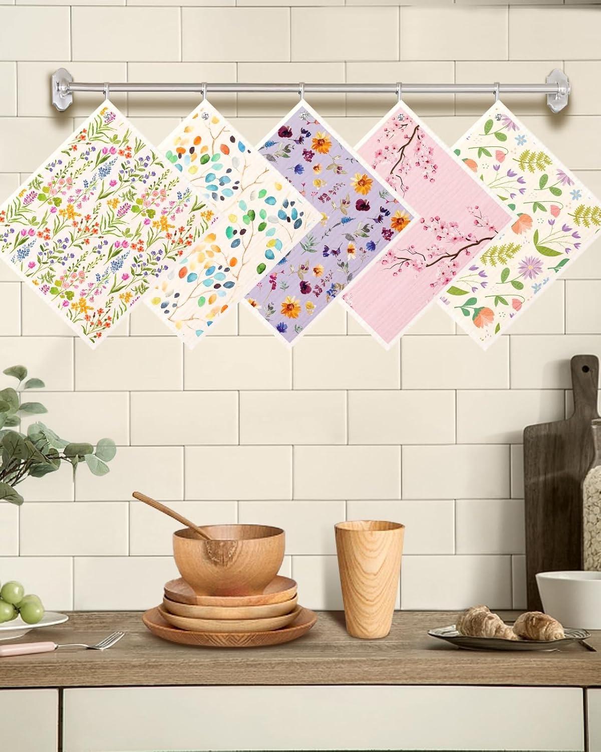 image:imageMiss Adola Swedish Dishcloths for Kitchen with Hooks Reusable Dish Cloths for Washing Dishes Fast Drying Cute Fun 5 Pack Swedish Dish Towels Washable Cleaning Sponge Blue GeometricalElegant Flowers