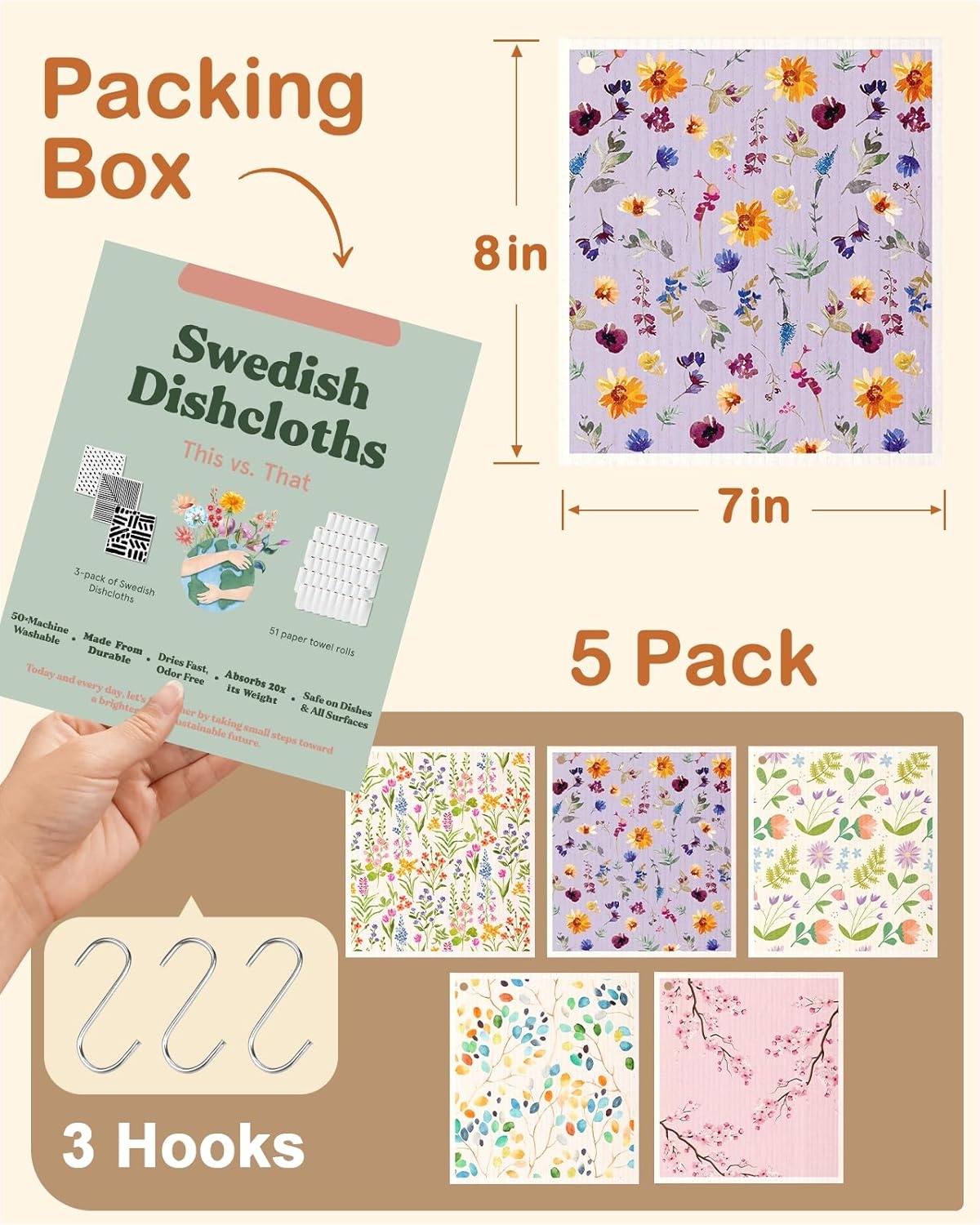 image:imageMiss Adola Swedish Dishcloths for Kitchen with Hooks Reusable Dish Cloths for Washing Dishes Fast Drying Cute Fun 5 Pack Swedish Dish Towels Washable Cleaning Sponge Blue GeometricalElegant Flowers