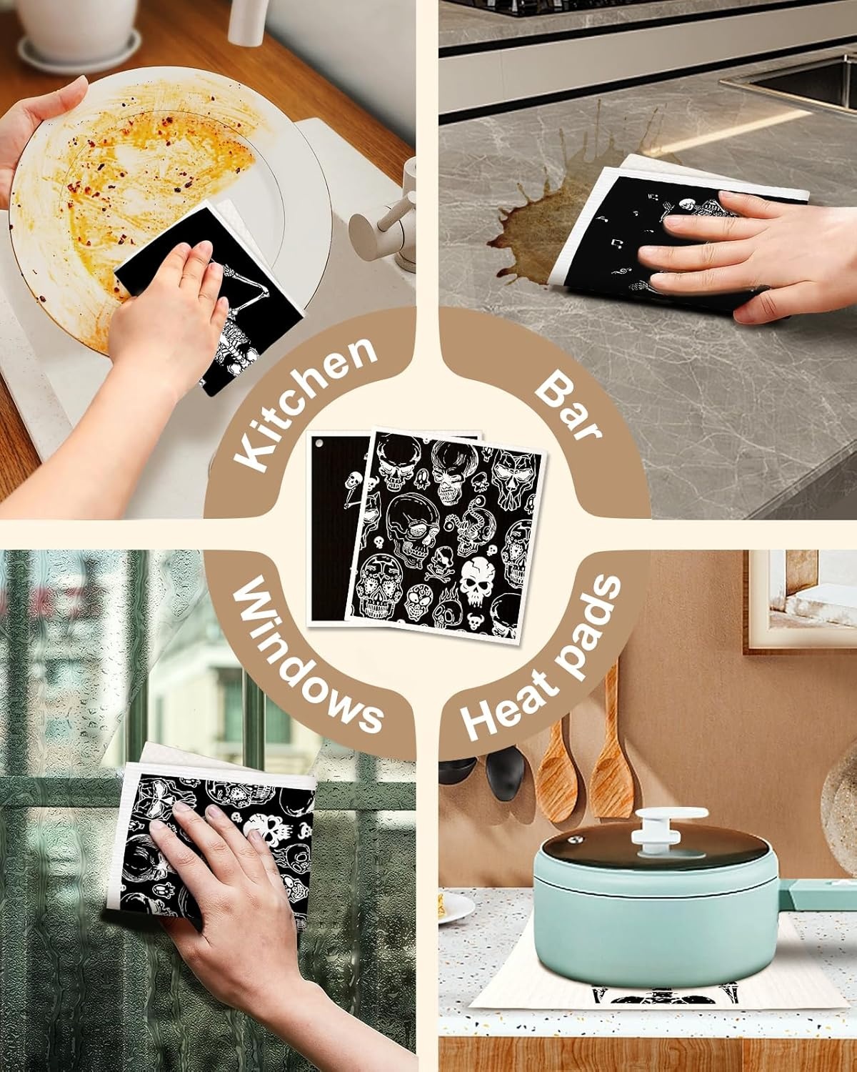 image:imageMiss Adola Swedish Dishcloths for Kitchen with Hooks Reusable Dish Cloths for Washing Dishes Fast Drying Cute Fun 5 Pack Swedish Dish Towels Washable Cleaning Sponge Blue GeometricalDancing Skeleton
