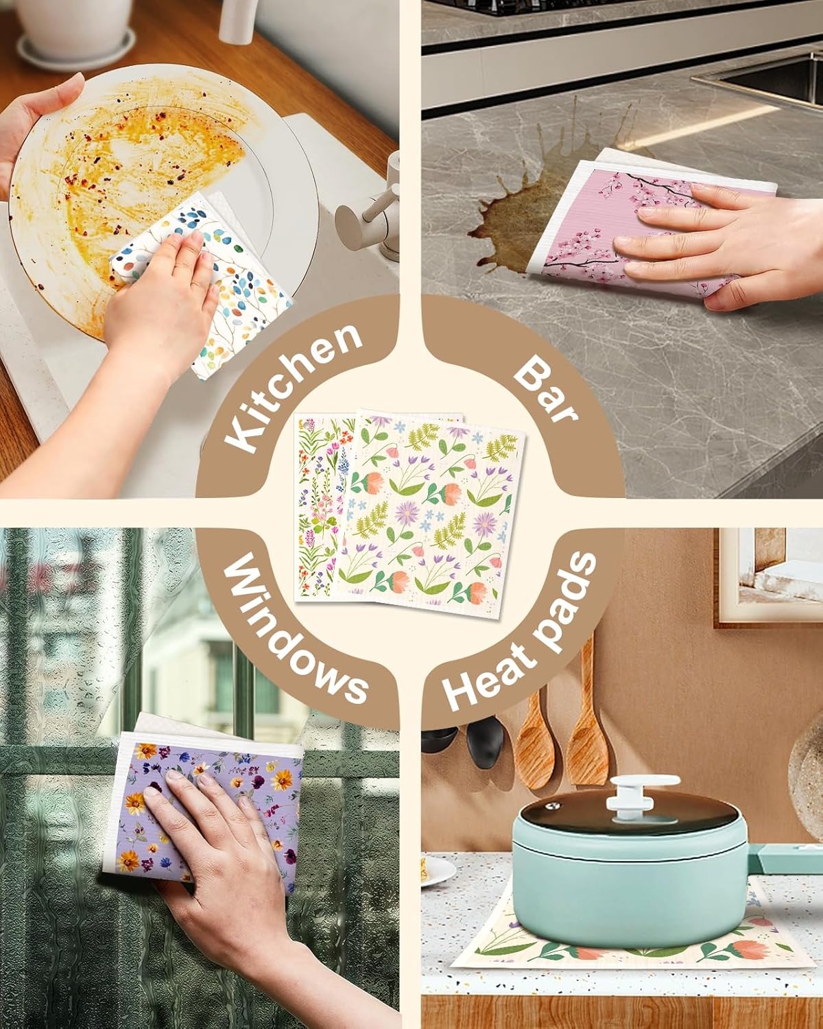image:imageMiss Adola Swedish Dishcloths for Kitchen with Hooks Reusable Dish Cloths for Washing Dishes Fast Drying Cute Fun 5 Pack Swedish Dish Towels Washable Cleaning Sponge Blue GeometricalElegant Flowers