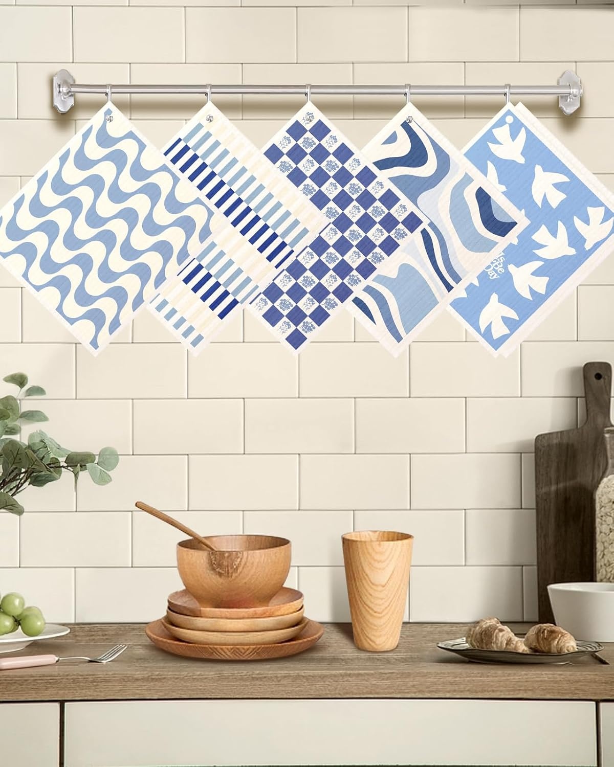 image:imageMiss Adola Swedish Dishcloths for Kitchen with Hooks Reusable Dish Cloths for Washing Dishes Fast Drying Cute Fun 5 Pack Swedish Dish Towels Washable Cleaning Sponge Blue GeometricalBlue White Geometrical