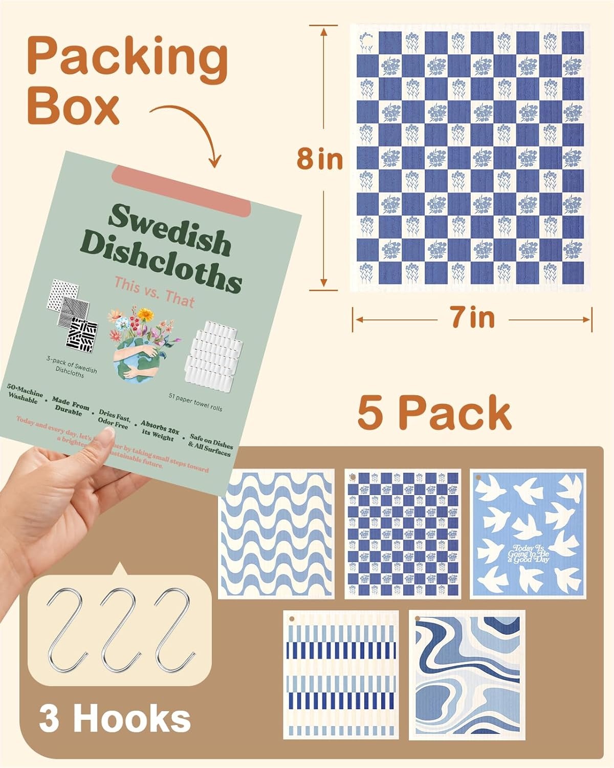 image:imageMiss Adola Swedish Dishcloths for Kitchen with Hooks Reusable Dish Cloths for Washing Dishes Fast Drying Cute Fun 5 Pack Swedish Dish Towels Washable Cleaning Sponge Blue GeometricalBlue White Geometrical