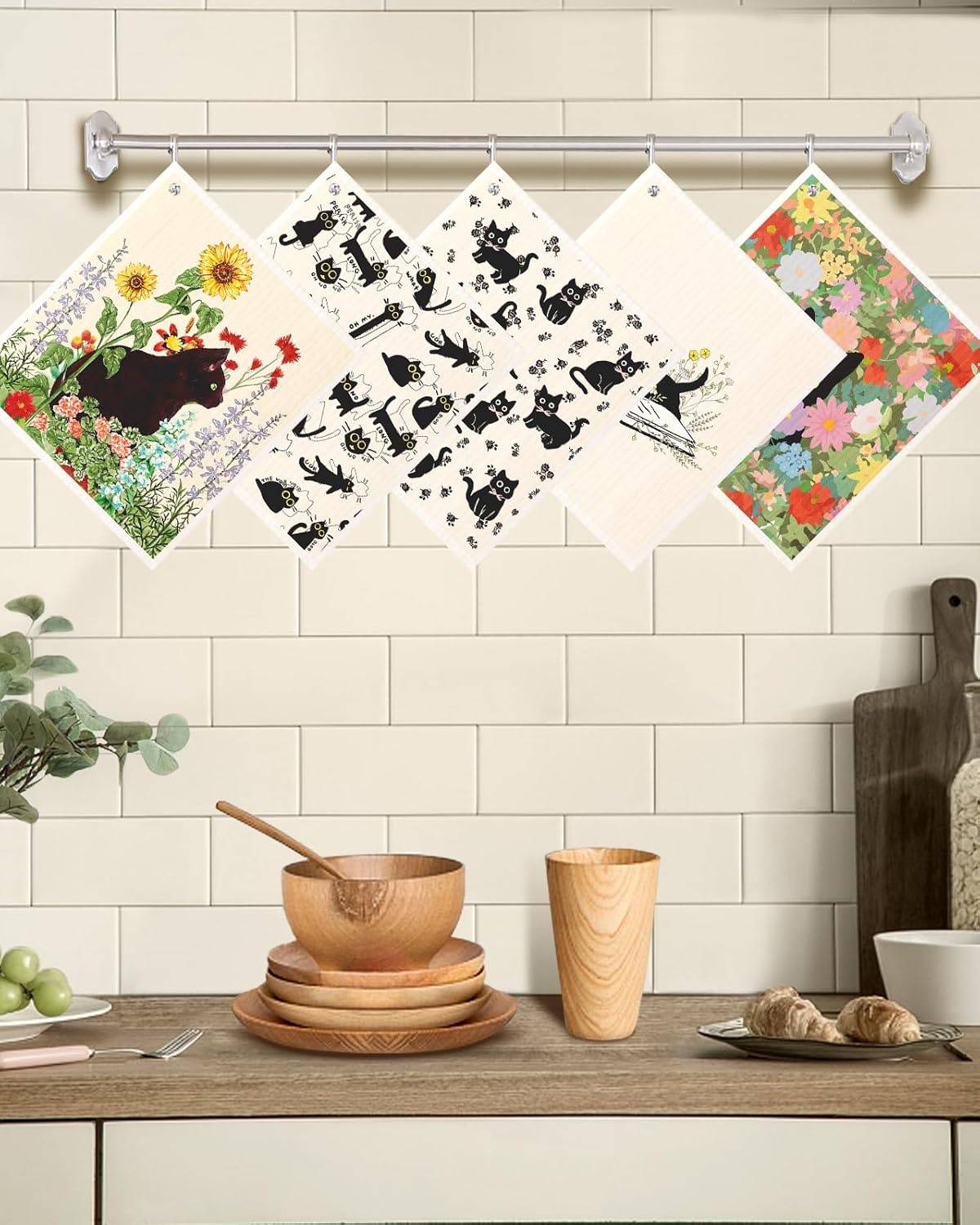 image:imageMiss Adola Swedish Dishcloths for Kitchen with Hooks Reusable Dish Cloths for Washing Dishes Fast Drying Cute Fun 5 Pack Swedish Dish Towels Washable Cleaning Sponge Blue GeometricalBlack Cats