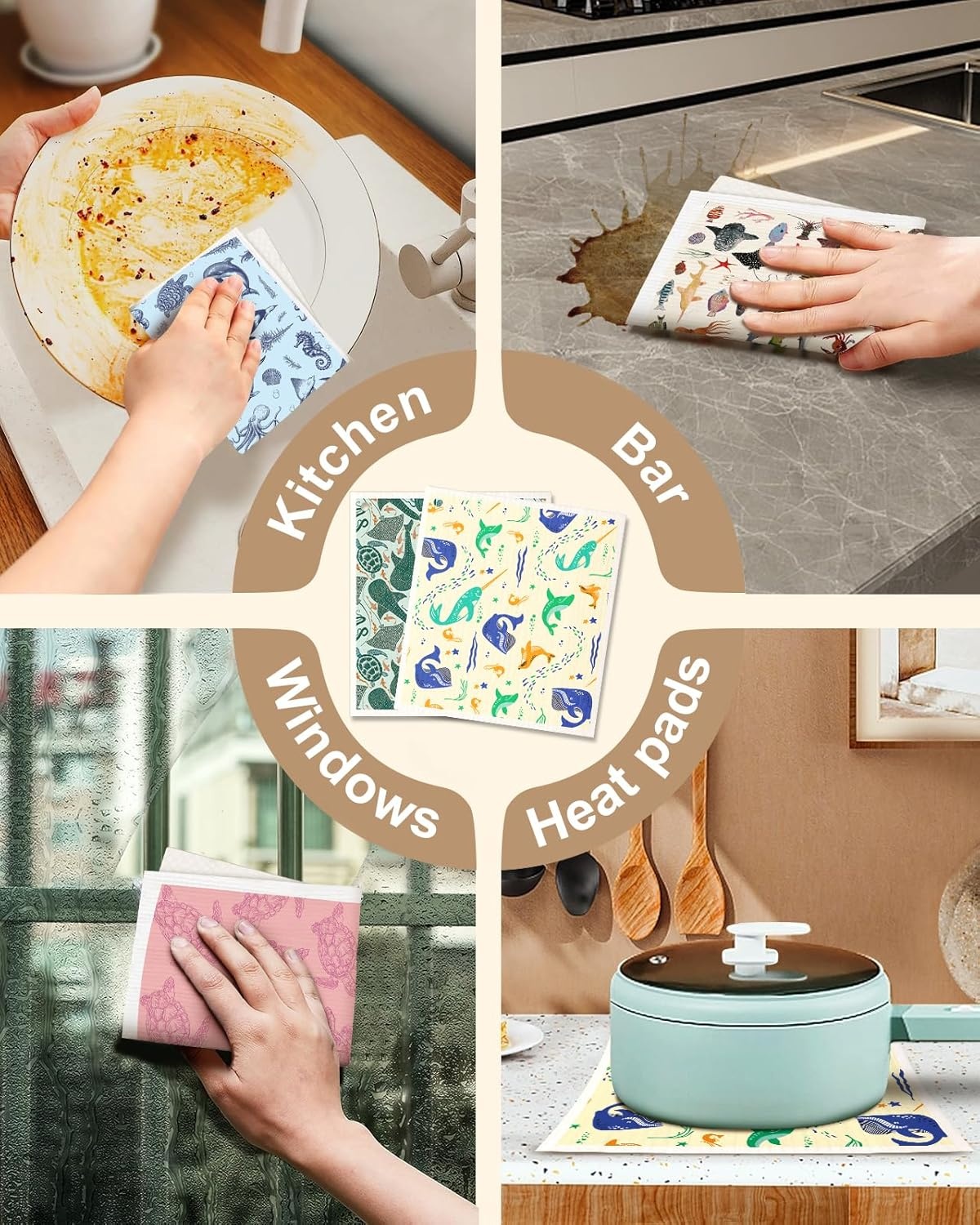 image:imageMiss Adola Swedish Dishcloths for Kitchen with Hooks Reusable Dish Cloths for Washing Dishes Fast Drying Cute Fun 5 Pack Swedish Dish Towels Washable Cleaning Sponge Blue GeometricalDeep Sea Fish