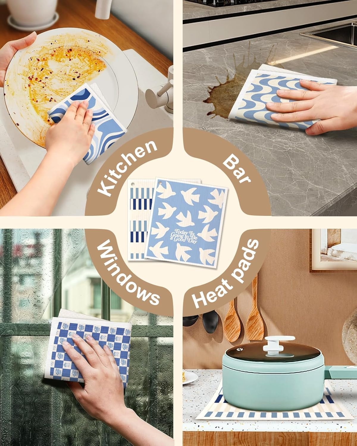 image:imageMiss Adola Swedish Dishcloths for Kitchen with Hooks Reusable Dish Cloths for Washing Dishes Fast Drying Cute Fun 5 Pack Swedish Dish Towels Washable Cleaning Sponge Blue GeometricalBlue White Geometrical
