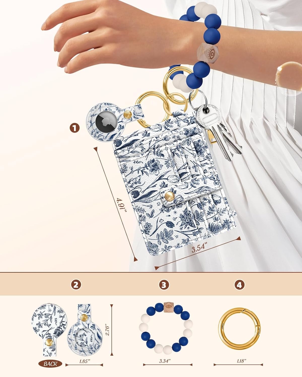 image:imageMiss Adola Wallet Keychain Wristlet for Women with AirTag Holder Cute Design Credit Card Holder Wallets Key Chain Ring Slim Small RFID Air Tag Coin Pocket Purse for Ladies Teen GirlsPk GridBlue Flower