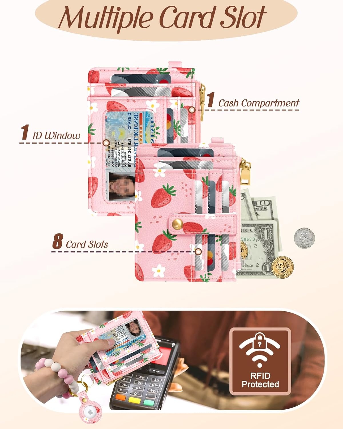 image:imageMiss Adola Wallet Keychain Wristlet for Women with AirTag Holder Cute Design Credit Card Holder Wallets Key Chain Ring Slim Small RFID Air Tag Coin Pocket Purse for Ladies Teen GirlsPk GridStrawberry