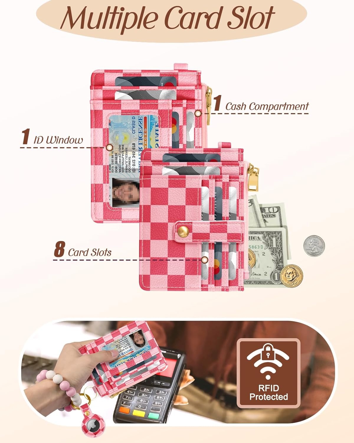 image:imageMiss Adola Wallet Keychain Wristlet for Women with AirTag Holder Cute Design Credit Card Holder Wallets Key Chain Ring Slim Small RFID Air Tag Coin Pocket Purse for Ladies Teen GirlsPk GridPk Grid