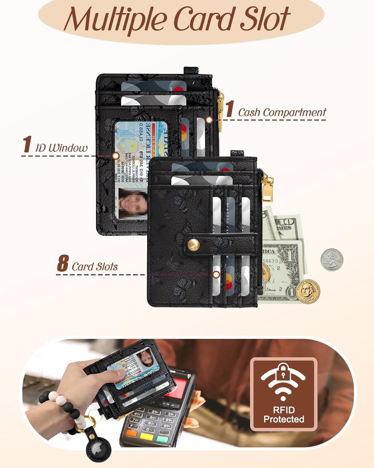 image:imageMiss Adola Wallet Keychain Wristlet for Women with AirTag Holder Cute Design Credit Card Holder Wallets Key Chain Ring Slim Small RFID Air Tag Coin Pocket Purse for Ladies Teen GirlsPk GridBlack Butterfly