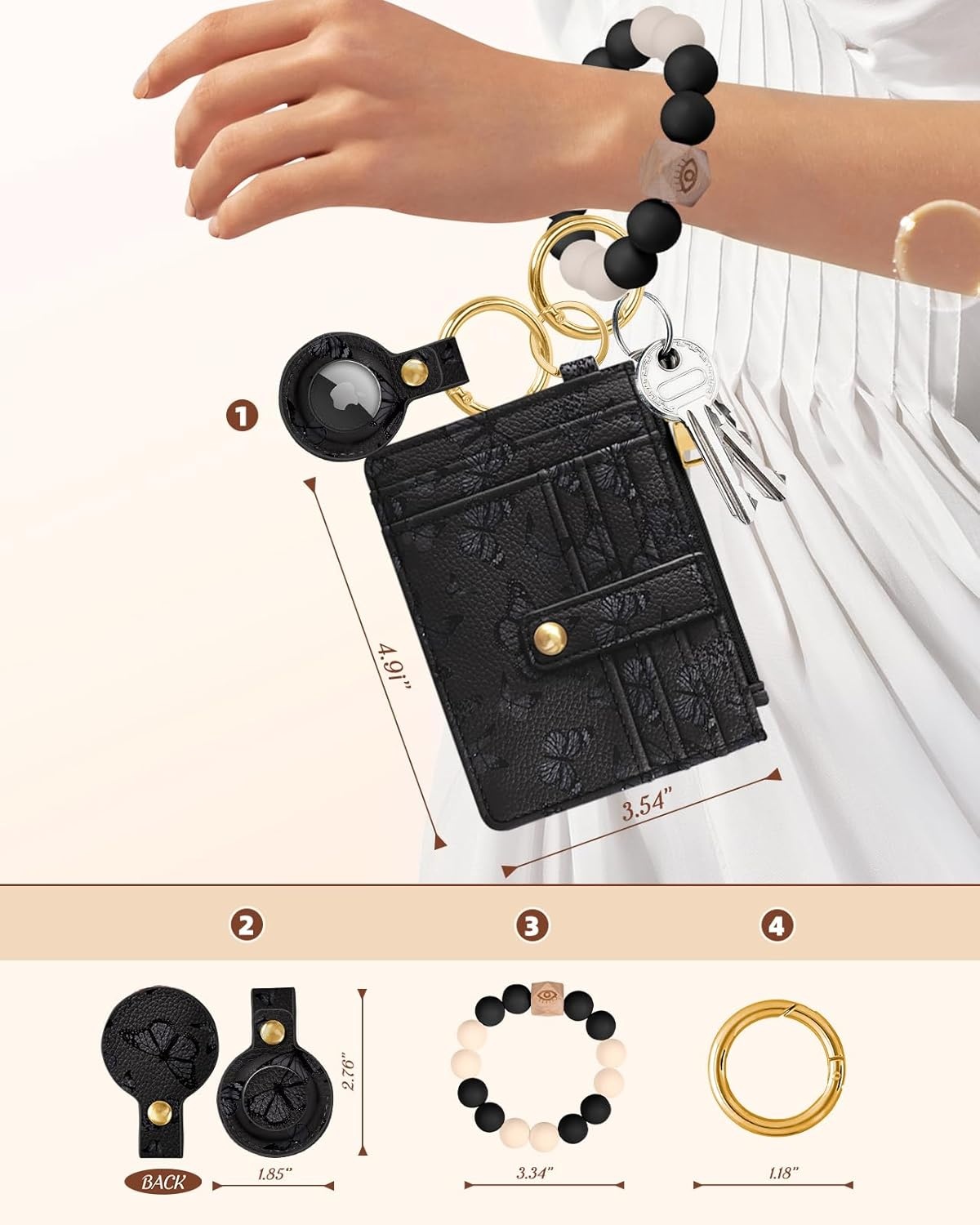 image:imageMiss Adola Wallet Keychain Wristlet for Women with AirTag Holder Cute Design Credit Card Holder Wallets Key Chain Ring Slim Small RFID Air Tag Coin Pocket Purse for Ladies Teen GirlsPk GridBlack Butterfly