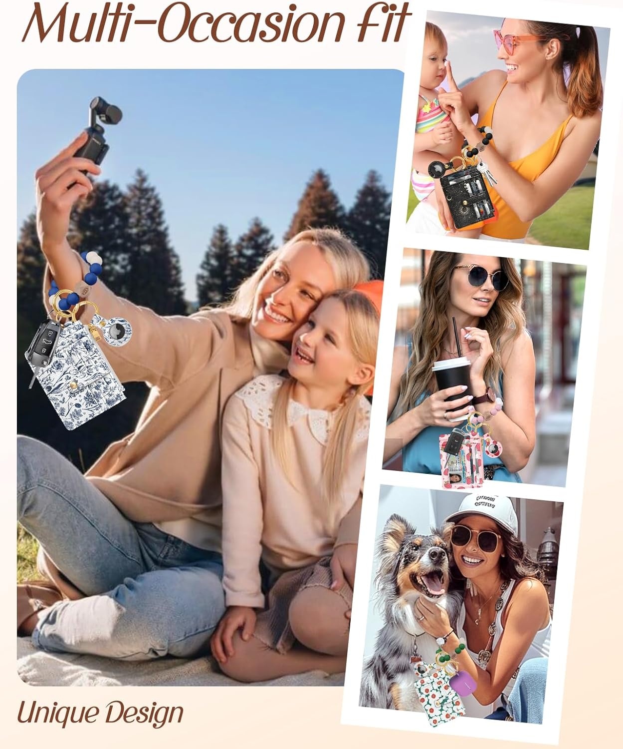 image:imageMiss Adola Wallet Keychain Wristlet for Women with AirTag Holder Cute Design Credit Card Holder Wallets Key Chain Ring Slim Small RFID Air Tag Coin Pocket Purse for Ladies Teen GirlsPk GridBlue Flower