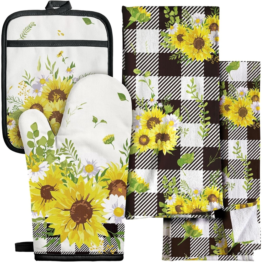 image:imageMiss Adola 270 GSM Cotton Kitchen Towels Oven Mitt and Pot Holder 4 Pack Kitchen Decor and Accessories Set Cute Farmhouse Boho Quilted Lining Heat Resistant Set with Hanging Loop Black MushroomPlaid Sunflower