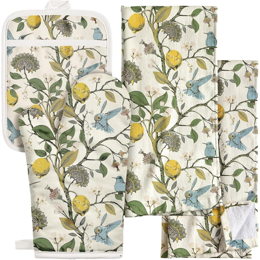 image:imageMiss Adola 270 GSM Cotton Kitchen Towels Oven Mitt and Pot Holder 4 Pack Kitchen Decor and Accessories Set Cute Farmhouse Boho Quilted Lining Heat Resistant Set with Hanging Loop Black MushroomLemon Bird