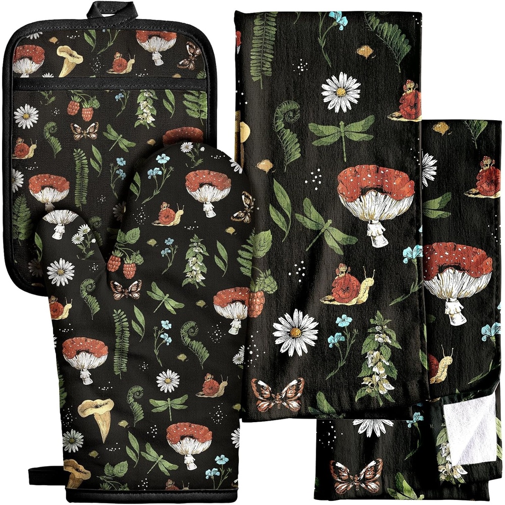 image:imageMiss Adola 270 GSM Cotton Kitchen Towels Oven Mitt and Pot Holder 4 Pack Kitchen Decor and Accessories Set Cute Farmhouse Boho Quilted Lining Heat Resistant Set with Hanging Loop Black MushroomBlack Mushroom