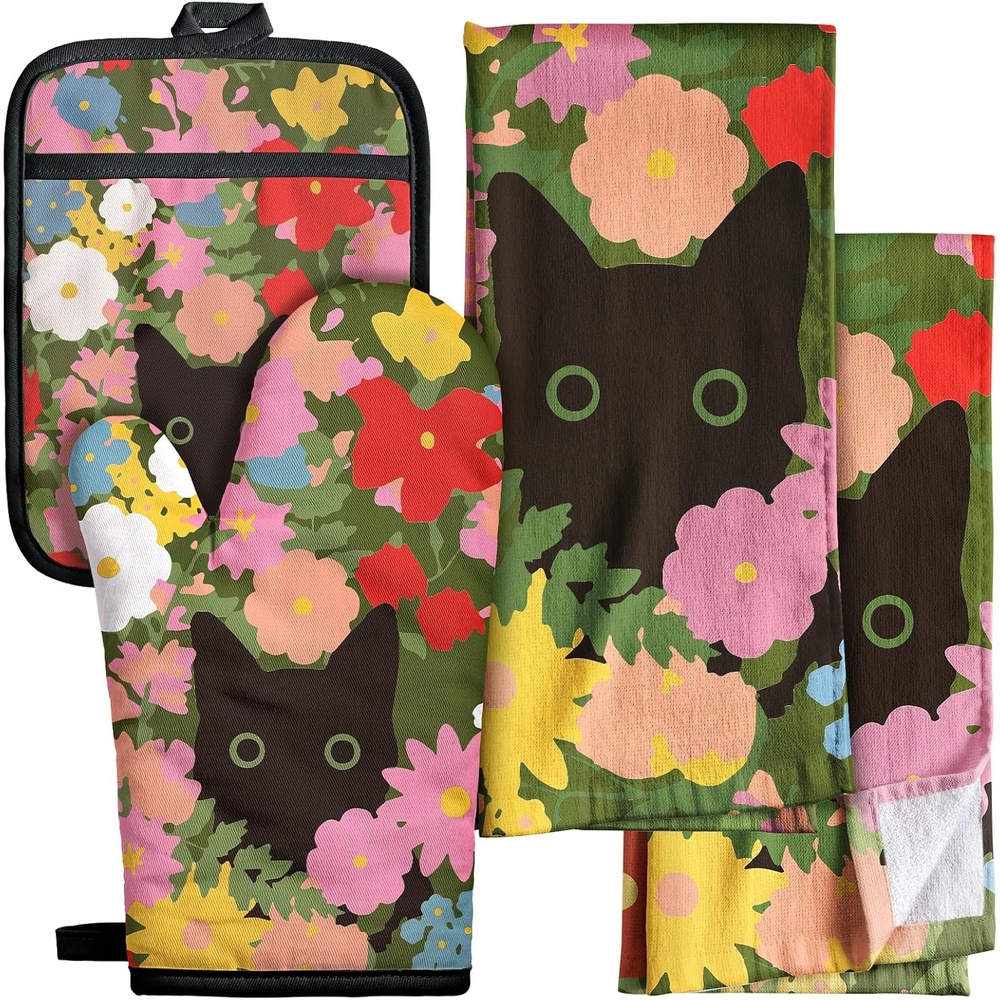 image:imageMiss Adola 270 GSM Cotton Kitchen Towels Oven Mitt and Pot Holder 4 Pack Kitchen Decor and Accessories Set Cute Farmhouse Boho Quilted Lining Heat Resistant Set with Hanging Loop Black MushroomCat Flower