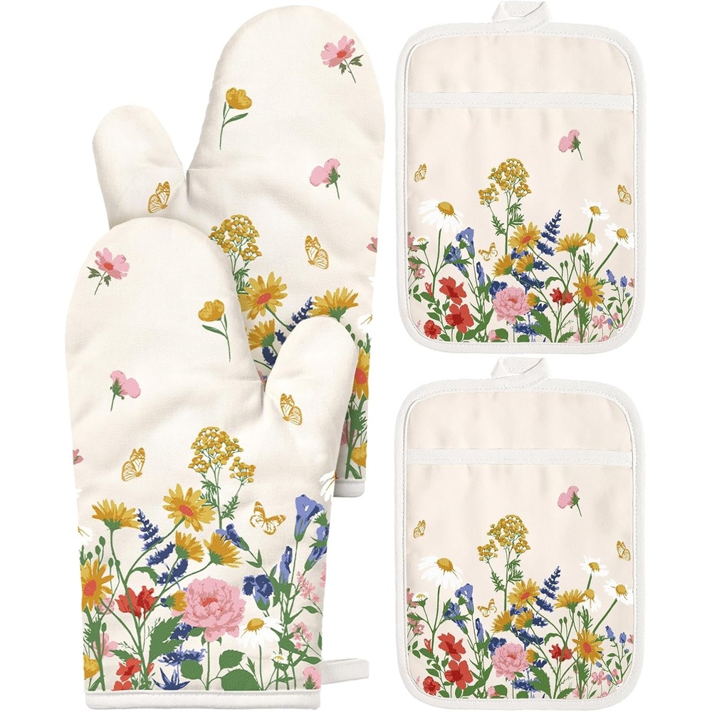 image:imageMiss Adola Cotton Oven Mitts and Pot Holders Sets Quilted Lining Heat Resistant 4 Pieces Set with Hanging Loop Cute Farmhouse Boho Spring Kitchen Decor and Accessories Plaid SunflowerRetro Flower