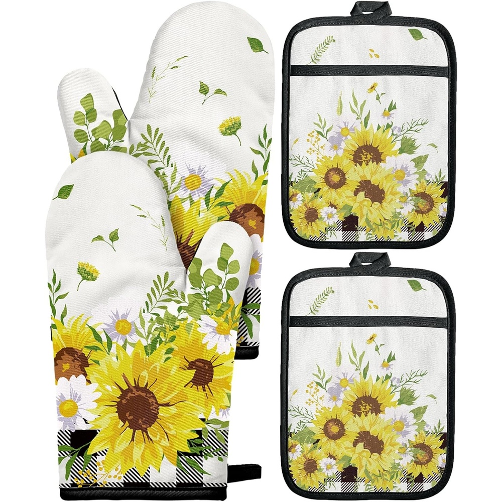 image:imageMiss Adola Cotton Oven Mitts and Pot Holders Sets Quilted Lining Heat Resistant 4 Pieces Set with Hanging Loop Cute Farmhouse Boho Spring Kitchen Decor and Accessories Plaid SunflowerPlaid Sunflower