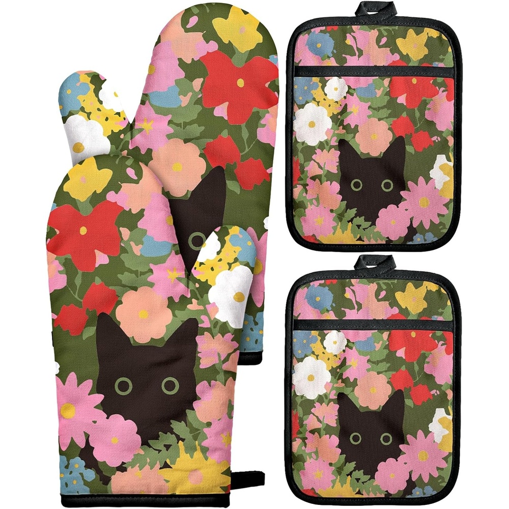image:imageMiss Adola Cotton Oven Mitts and Pot Holders Sets Quilted Lining Heat Resistant 4 Pieces Set with Hanging Loop Cute Farmhouse Boho Spring Kitchen Decor and Accessories Plaid SunflowerCat Flower