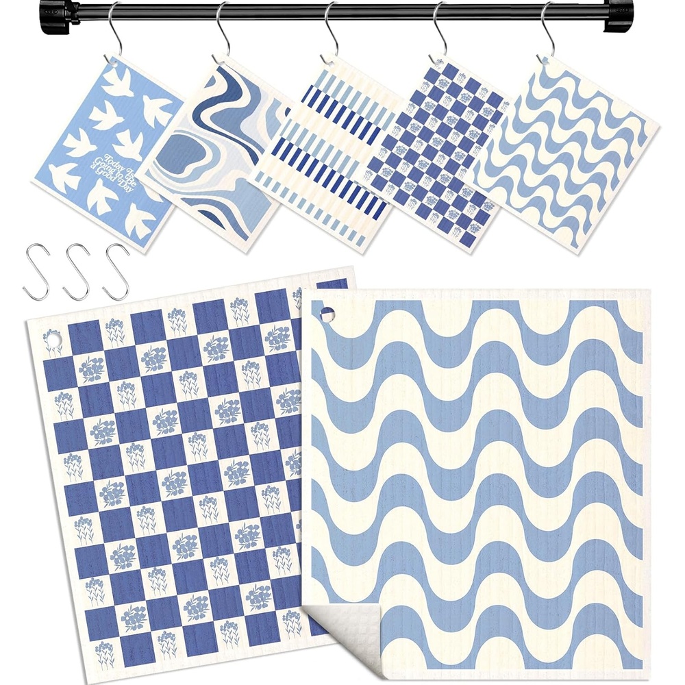 image:imageMiss Adola Swedish Dishcloths for Kitchen with Hooks Reusable Dish Cloths for Washing Dishes Fast Drying Cute Fun 5 Pack Swedish Dish Towels Washable Cleaning Sponge Blue GeometricalBlue White Geometrical