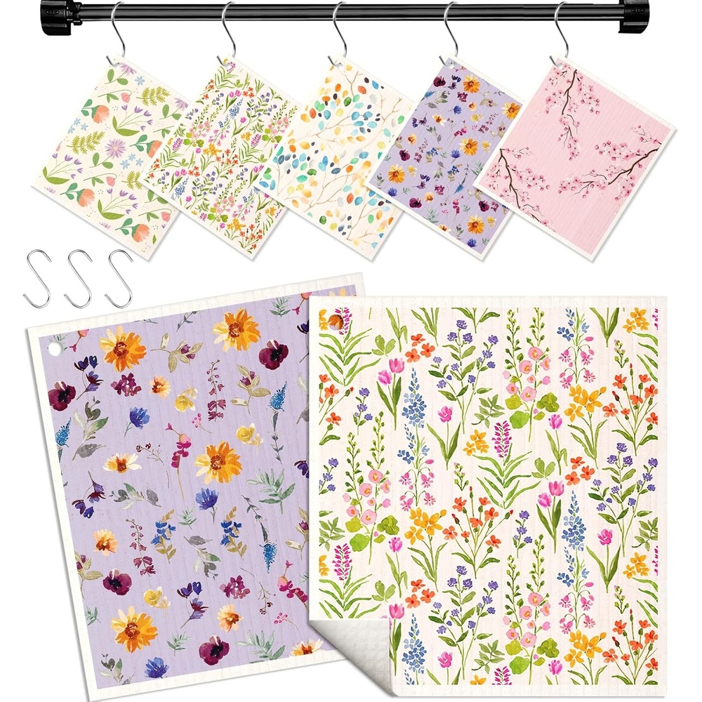 image:imageMiss Adola Swedish Dishcloths for Kitchen with Hooks Reusable Dish Cloths for Washing Dishes Fast Drying Cute Fun 5 Pack Swedish Dish Towels Washable Cleaning Sponge Blue GeometricalElegant Flowers