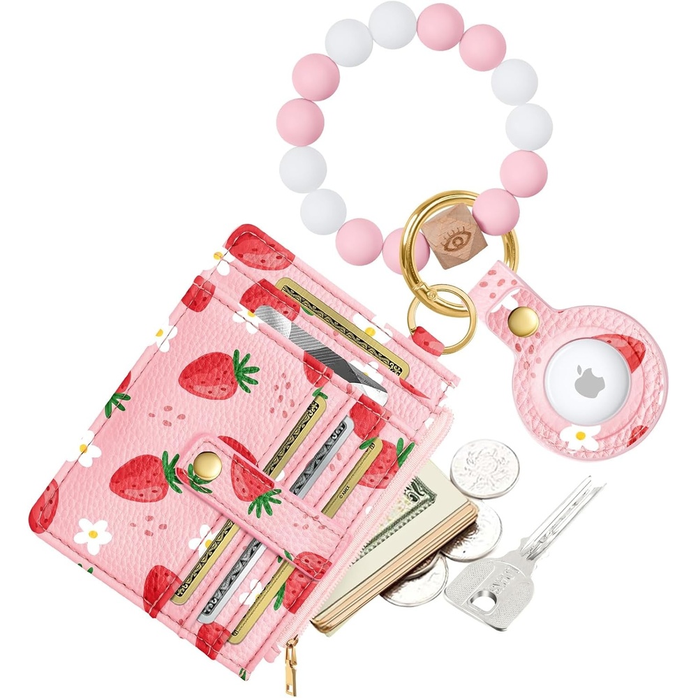 image:imageMiss Adola Wallet Keychain Wristlet for Women with AirTag Holder Cute Design Credit Card Holder Wallets Key Chain Ring Slim Small RFID Air Tag Coin Pocket Purse for Ladies Teen GirlsPk GridStrawberry