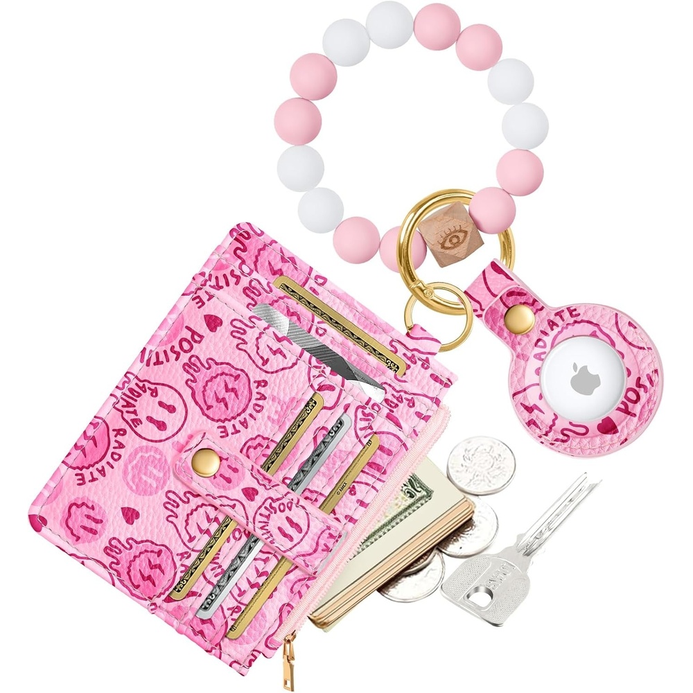 image:imageMiss Adola Wallet Keychain Wristlet for Women with AirTag Holder Cute Design Credit Card Holder Wallets Key Chain Ring Slim Small RFID Air Tag Coin Pocket Purse for Ladies Teen GirlsPk GridFace