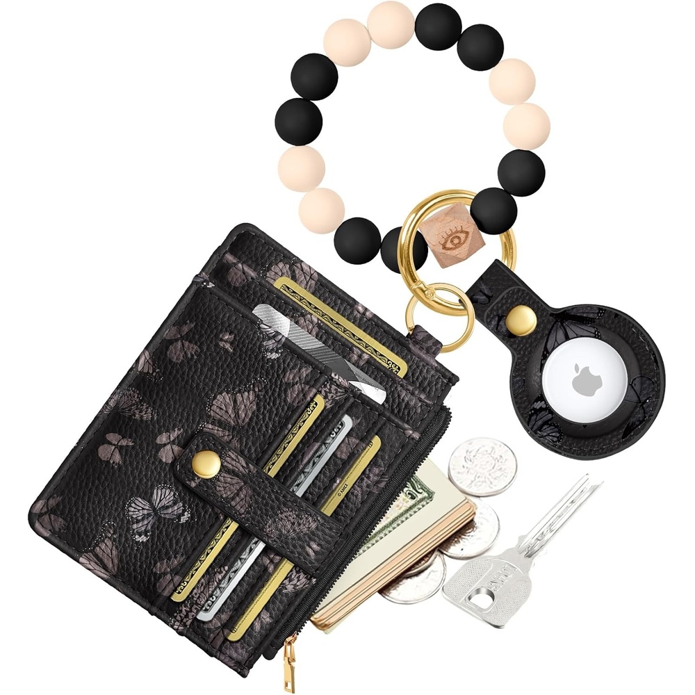 image:imageMiss Adola Wallet Keychain Wristlet for Women with AirTag Holder Cute Design Credit Card Holder Wallets Key Chain Ring Slim Small RFID Air Tag Coin Pocket Purse for Ladies Teen GirlsPk GridBlack Butterfly