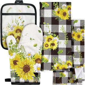 image:imageMiss Adola 270 GSM Cotton Kitchen Towels Oven Mitt and Pot Holder  4 Pack Kitchen Decor and Accessories Set Cute Farmhouse Boho Quilted Lining Heat Resistant Set with Hanging Loop Black MushroomPlaid Sunflower