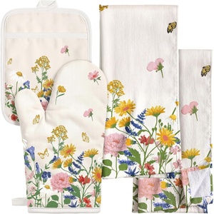 image:imageMiss Adola 270 GSM Cotton Kitchen Towels Oven Mitt and Pot Holder  4 Pack Kitchen Decor and Accessories Set Cute Farmhouse Boho Quilted Lining Heat Resistant Set with Hanging Loop Black MushroomRetro Flower