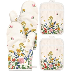 image:imageMiss Adola Cotton Oven Mitts and Pot Holders Sets  Quilted Lining Heat Resistant 4 Pieces Set with Hanging Loop Cute Farmhouse Boho Spring Kitchen Decor and Accessories Plaid SunflowerRetro Flower