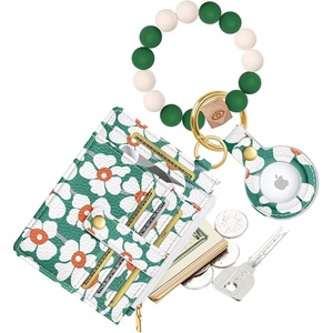 image:imageMiss Adola Wallet Keychain Wristlet for Women with AirTag Holder  Cute Design Credit Card Holder Wallets Key Chain Ring Slim Small RFID Air Tag Coin Pocket Purse for Ladies Teen GirlsPk GridGreen Flower